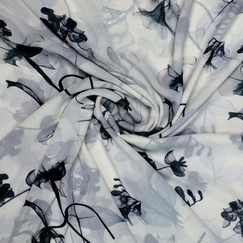 Black Floating Flowers Digital Printed Fabric - Weightless