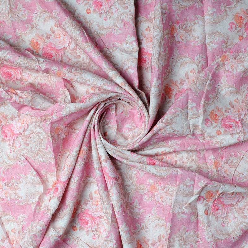 Pure Cotton Digital Printed Fabric in Decorative Floral Design and Pink Color