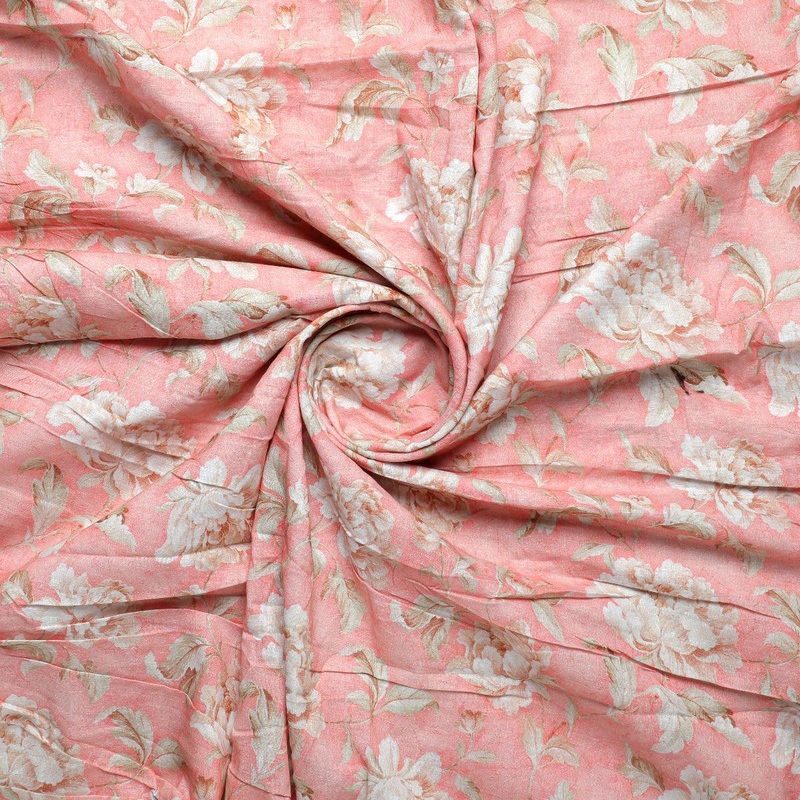 Pure Cotton Digital Printed Fabric - Peach Color & Floral Design