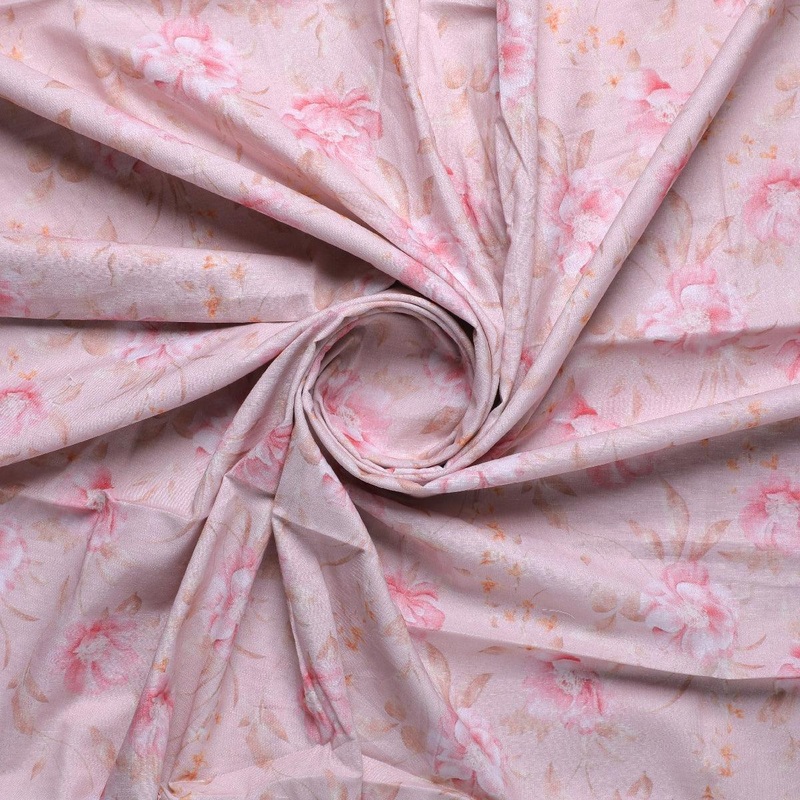 Pure Cotton Digital Printed Fabrics in Light Pink and Floral Leaves Pattern