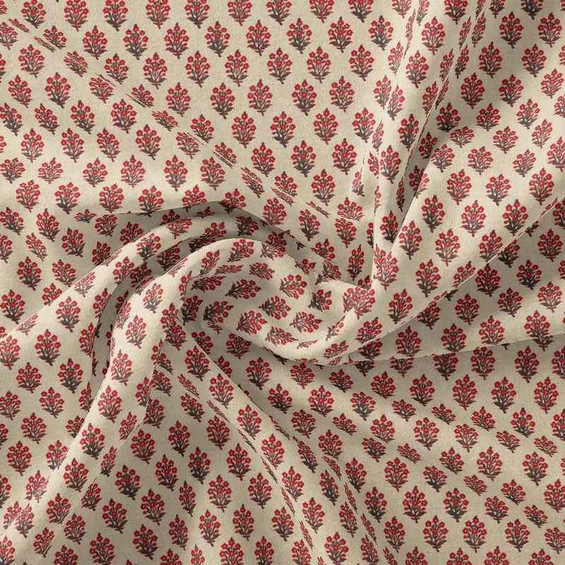 Red Flower Motif Block Digital Printed Fabric - Upada Silk