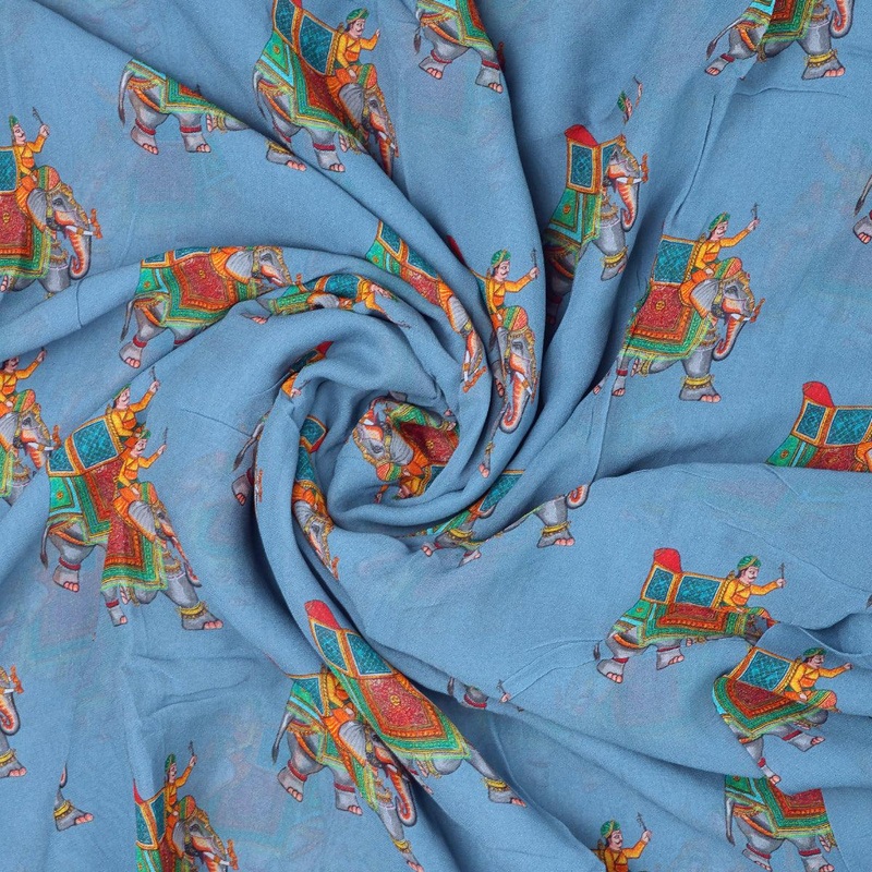 Traditional Elephant Motif Digital Printed Fabric - Pure Georgette