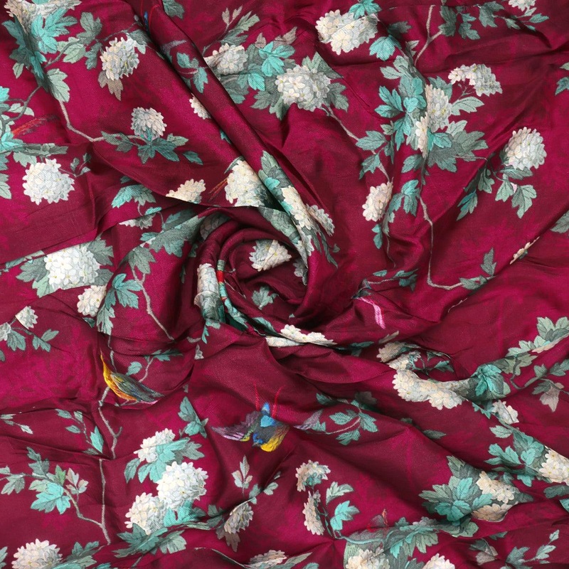 Viscose Upada Silk Digital Printed Fabric with Floral Patterns in Maroon Color
