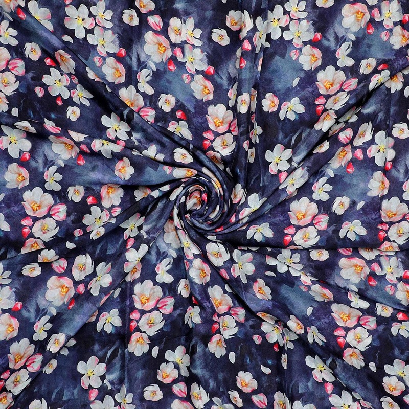 Blue Floral Printed Pure Muslin Fabric