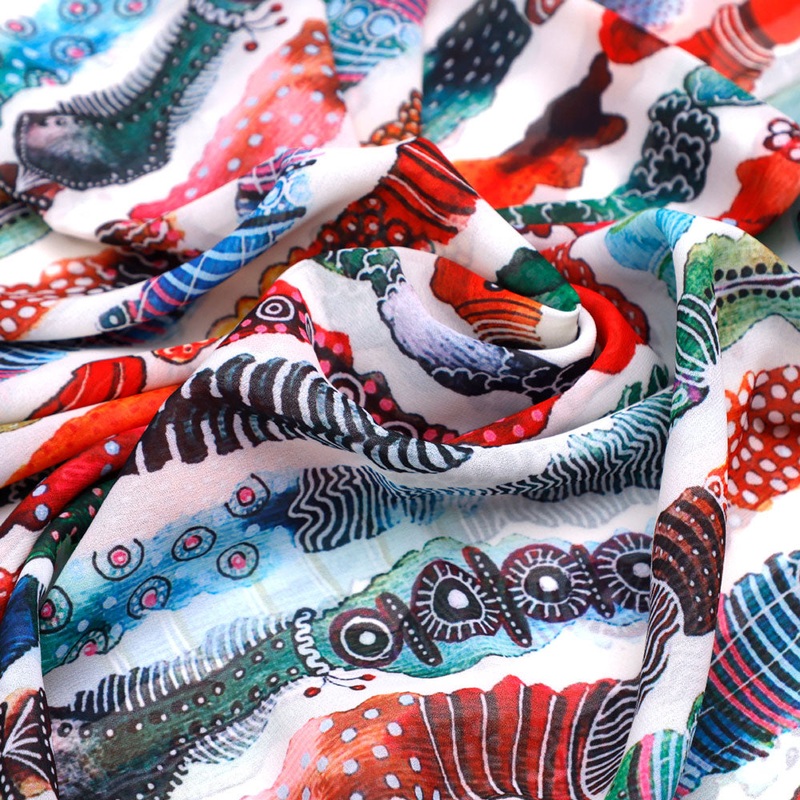 Classy Cream and Multicolor Georgette Digital Printed Fabric with Strips and Waving Design
